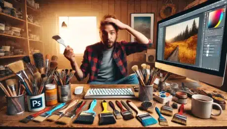 man sitting in his photography studio thinking on how to make a brush