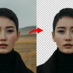 A before and after image showing the background removed from a portrait photo using the Lightroom background removal tool.