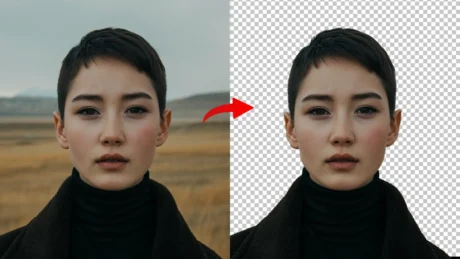 A before and after image showing the background removed from a portrait photo using the Lightroom background removal tool.