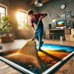 A young photographer using a broom to clean grain off a large photo on the floor, symbolizing the process of removing grain in Lightroom, in a vibrant and colorful environment.