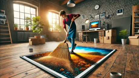 A young photographer using a broom to clean grain off a large photo on the floor, symbolizing the process of removing grain in Lightroom, in a vibrant and colorful environment.