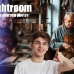 A young man points excitedly at a before-and-after comparison of a sharpened photo in Lightroom, featuring an older man working in a woodshop. The text 'How to Sharpen Photos in Lightroom' is displayed on the left side.