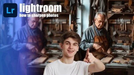 A young man points excitedly at a before-and-after comparison of a sharpened photo in Lightroom, featuring an older man working in a woodshop. The text 'How to Sharpen Photos in Lightroom' is displayed on the left side.