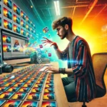 A young photographer magically creating hundreds of clones of the same photo in a vibrant, colorful workspace, symbolizing the Lightroom clone tool.