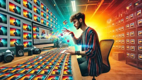 A young photographer magically creating hundreds of clones of the same photo in a vibrant, colorful workspace, symbolizing the Lightroom clone tool.