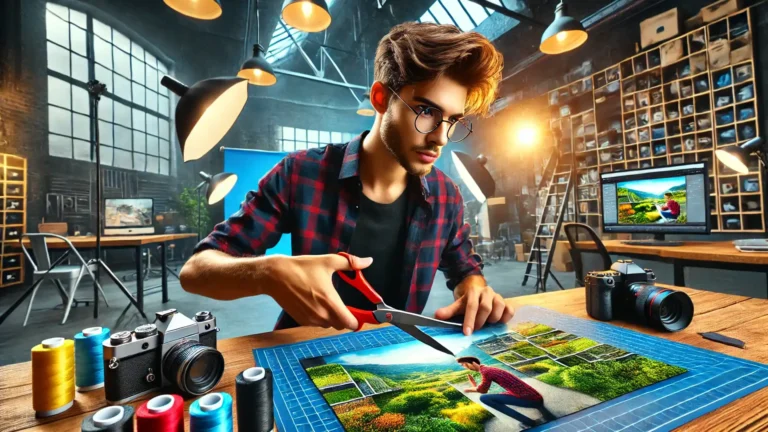 A young photographer in a photography studio using scissors to crop a photo, surrounded by professional camera equipment and lighting, demonstrating the Lightroom crop shortcut concept.