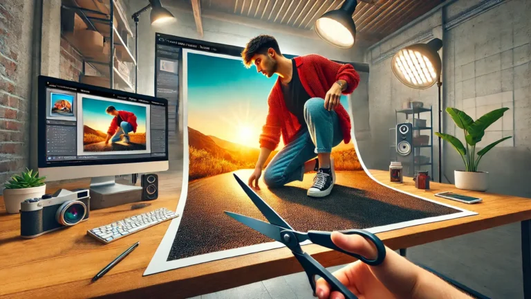 A young photographer using scissors to crop a life-size photo in a vibrant and creative workspace, symbolizing the concept of cropping to a specific size in Lightroom.