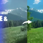 Before and after image showcasing the effect of the Lightroom Dodge and Burn tool on a landscape. The left side shows a muted image, while the right side displays a more vibrant and enhanced version after applying Dodge and Burn.