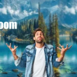 A confused man in a denim jacket stands in front of a beautiful landscape photo split between high and low export quality in Lightroom, with the text 'Lightroom Export Quality' in bold white font.