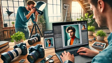 A young photographer exporting a photo for a LinkedIn profile using Lightroom, while another photographer takes a portrait photo of a man for his LinkedIn profile picture.