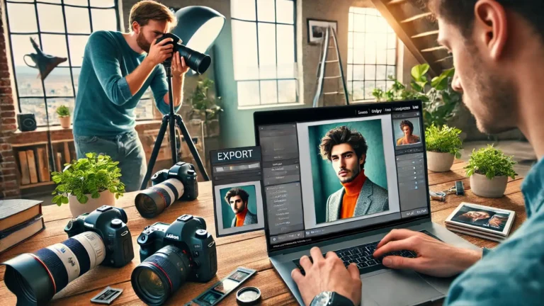 A young photographer exporting a photo for a LinkedIn profile using Lightroom, while another photographer takes a portrait photo of a man for his LinkedIn profile picture.