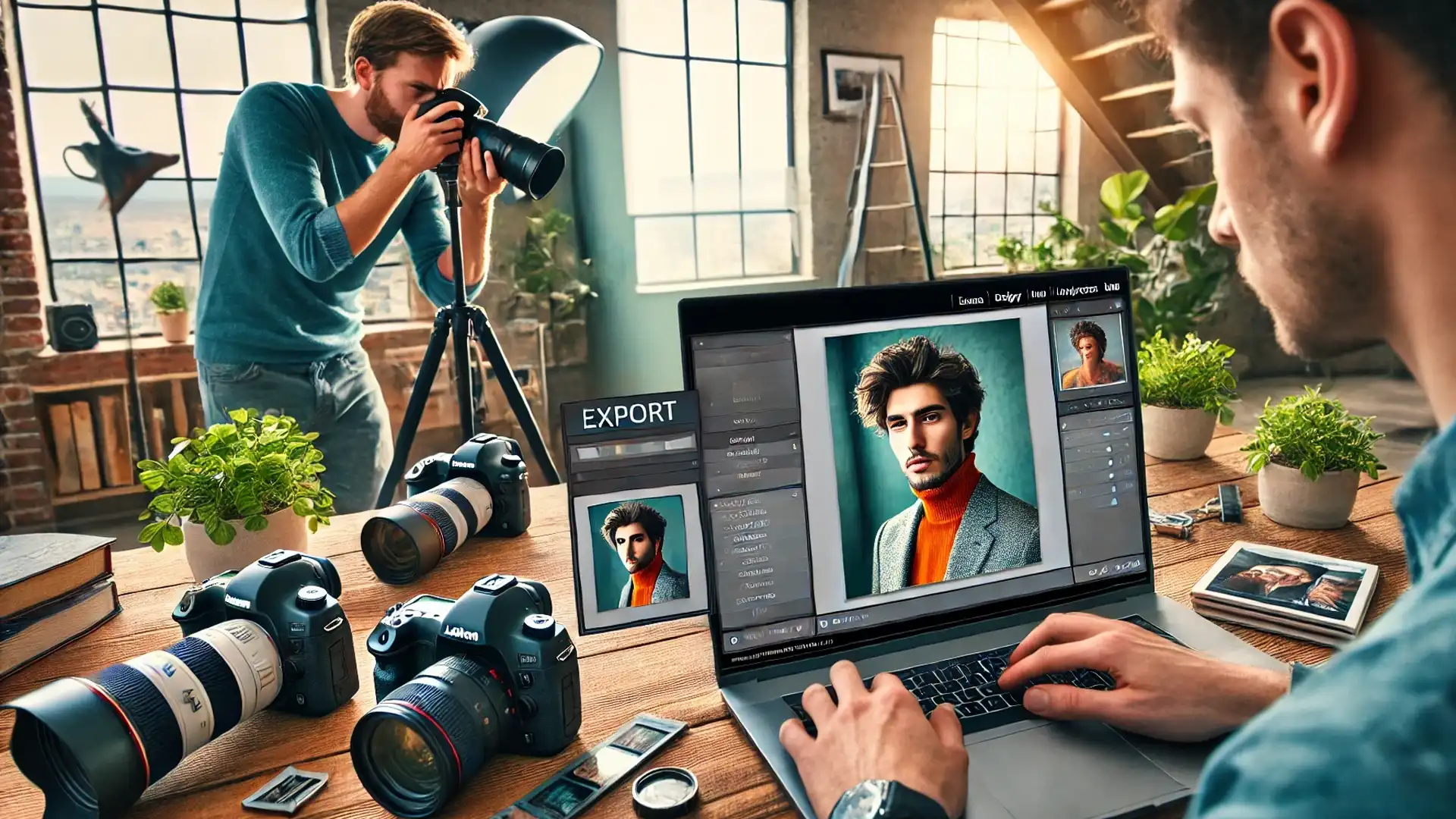 A young photographer exporting a photo for a LinkedIn profile using Lightroom, while another photographer takes a portrait photo of a man for his LinkedIn profile picture.