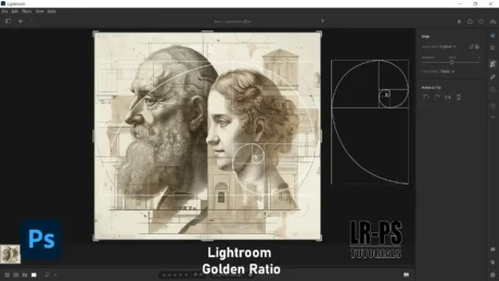 Image showing the Lightroom golden ratio overlay on a classical artwork depicting two faces.