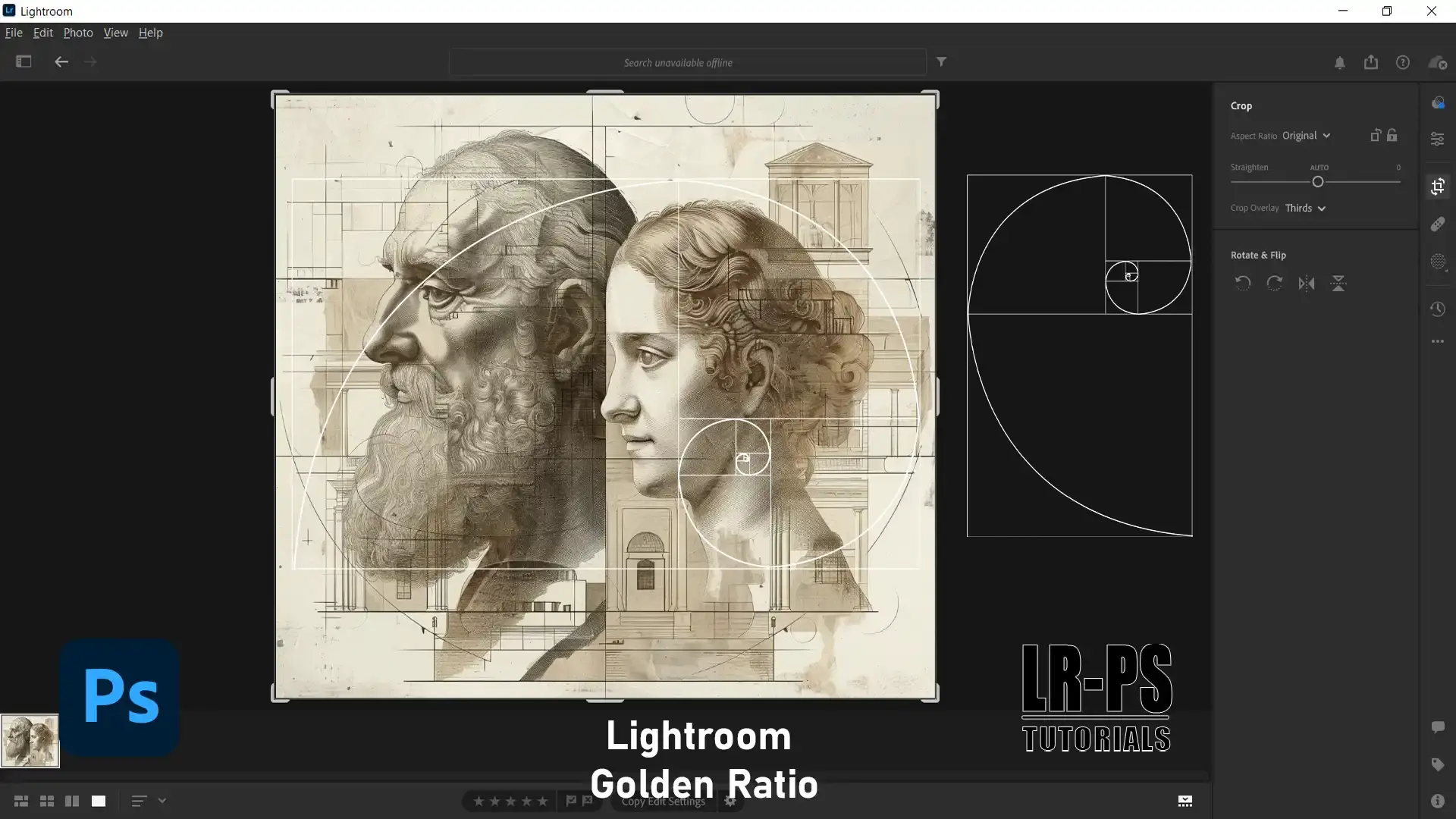 Image showing the Lightroom golden ratio overlay on a classical artwork depicting two faces.