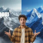 A young man standing in front of a split mountain landscape showcasing the before and after effects of using Lightroom HDR plugins, highlighting the enhanced vibrant and dramatic details of the snow-covered peaks.