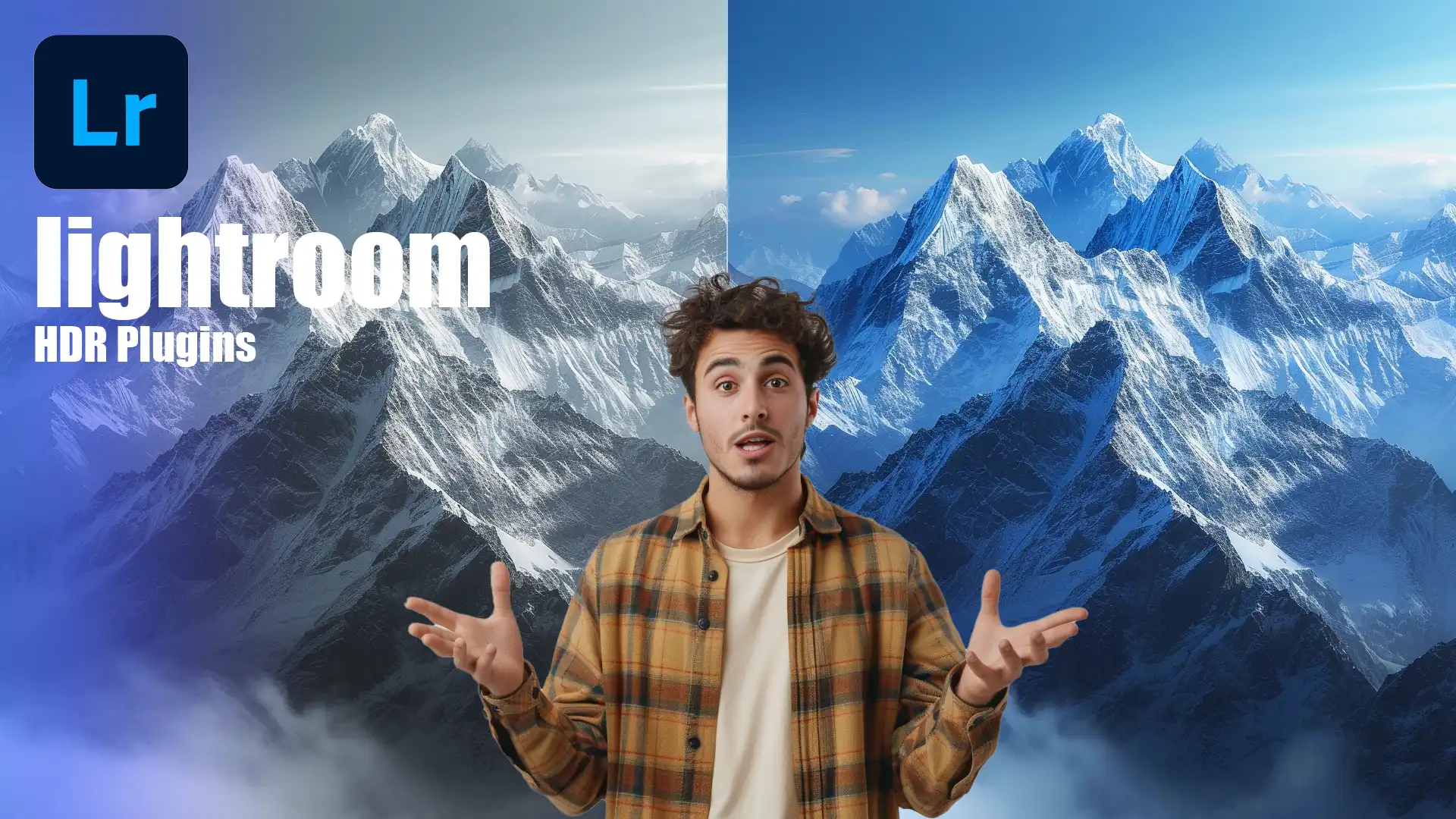 A young man standing in front of a split mountain landscape showcasing the before and after effects of using Lightroom HDR plugins, highlighting the enhanced vibrant and dramatic details of the snow-covered peaks.