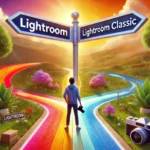 A young photographer stands at a colorful crossroads, choosing between two paths labeled Lightroom and Lightroom Classic, representing the decision between software options.