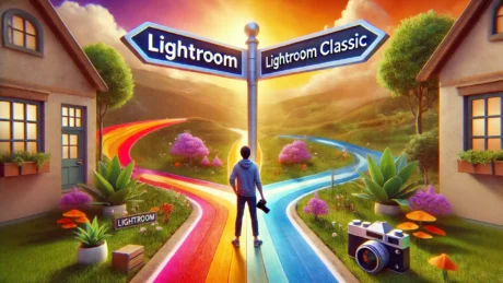 A young photographer stands at a colorful crossroads, choosing between two paths labeled Lightroom and Lightroom Classic, representing the decision between software options.