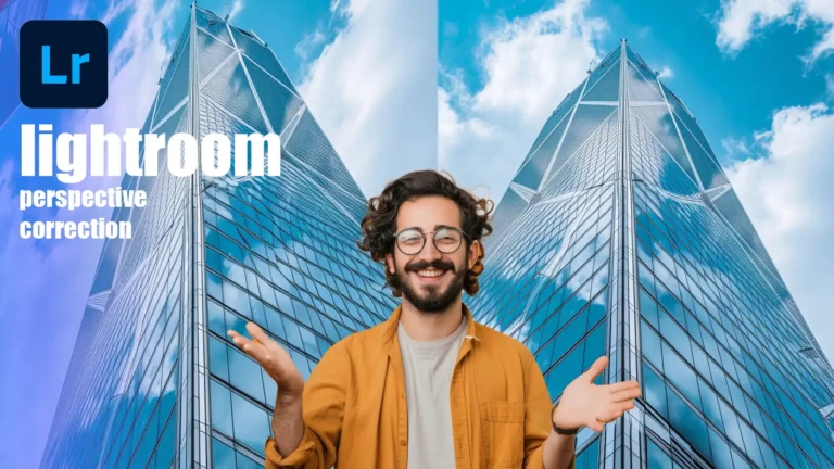 A smiling man in glasses gestures toward a before-and-after comparison of a tall building photo, demonstrating perspective correction in Lightroom, with the text 'Lightroom Perspective Correction' displayed on the left side.