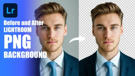 Before and after image showing the removal of a background using Lightroom PNG background editing. The left side displays a professional headshot with a solid background, while the right side shows the background removed, leaving a transparent PNG background.