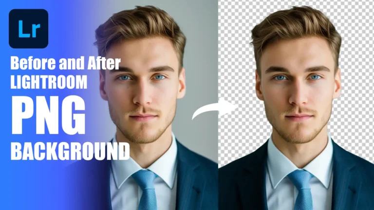 Before and after image showing the removal of a background using Lightroom PNG background editing. The left side displays a professional headshot with a solid background, while the right side shows the background removed, leaving a transparent PNG background.