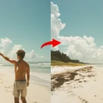 A before and after image showing a person removed from a beach scene using the Lightroom remove person tool