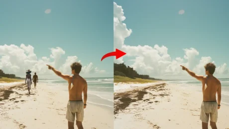 A before and after image showing a person removed from a beach scene using the Lightroom remove person tool