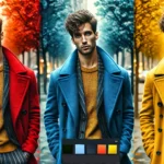 Same man standing next to himself, each wearing a different colored coat: one red, one blue, and one yellow, demonstrating the Lightroom replace color feature.