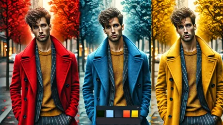 Same man standing next to himself, each wearing a different colored coat: one red, one blue, and one yellow, demonstrating the Lightroom replace color feature.