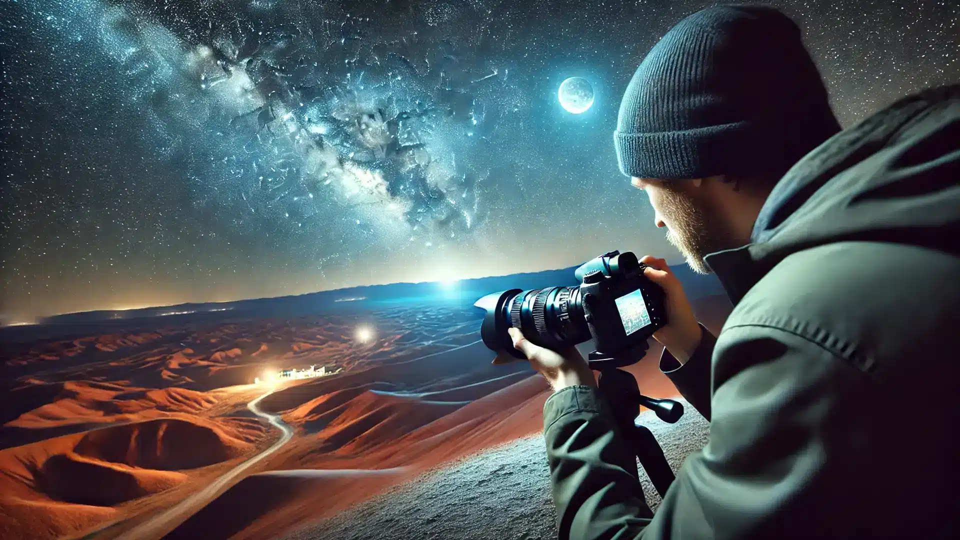 Photographer capturing the night sky with a camera, demonstrating Lightroom settings for night photography, under a vibrant starry sky with clear textures and natural lighting.