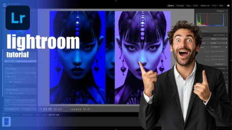 A man in a suit enthusiastically points to a split-color edited portrait in Adobe Lightroom, with the words 'Lightroom Tutorial' in bold white font on the left side of the image.