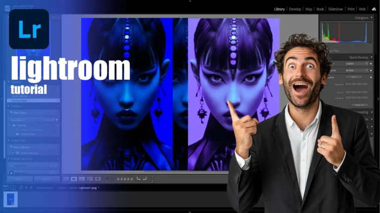 A man in a suit enthusiastically points to a split-color edited portrait in Adobe Lightroom, with the words 'Lightroom Tutorial' in bold white font on the left side of the image.
