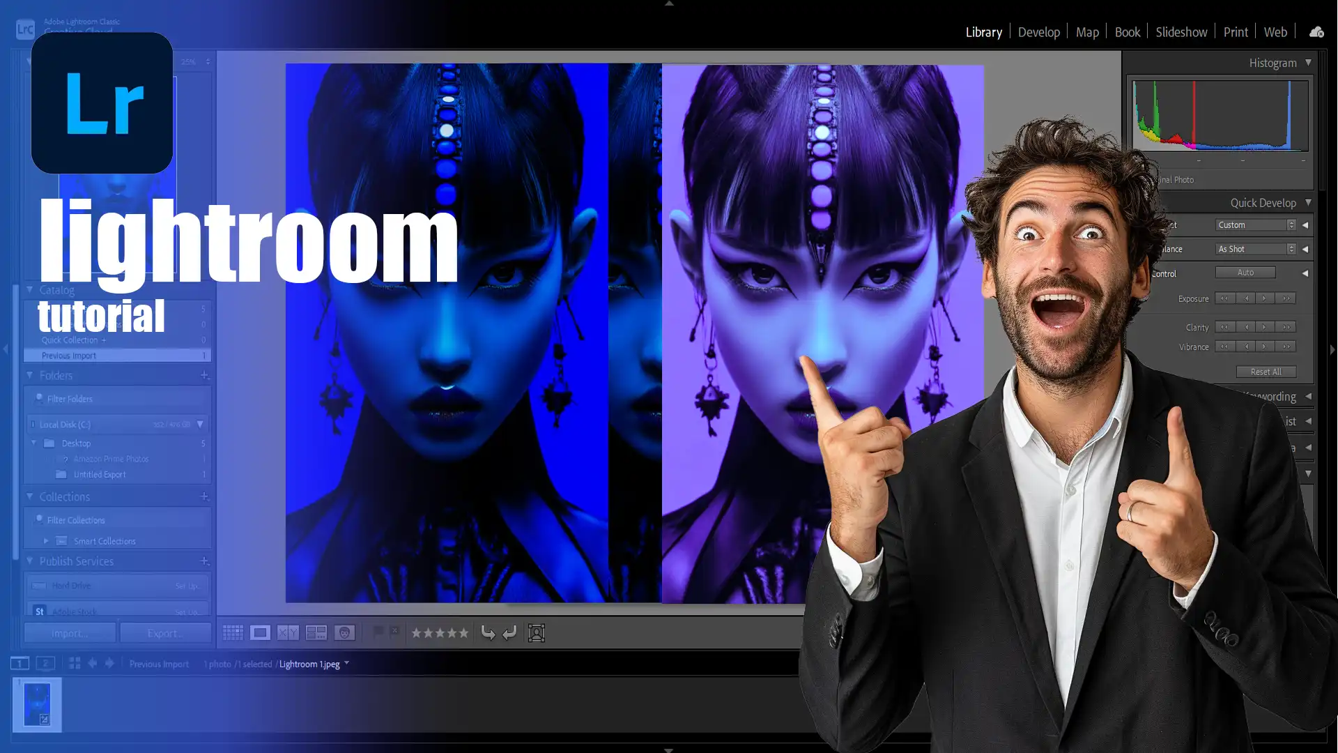 A man in a suit enthusiastically points to a split-color edited portrait in Adobe Lightroom, with the words 'Lightroom Tutorial' in bold white font on the left side of the image.