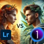 Digital artwork showing a face-off between Lightroom and Capture One, represented by two characters with contrasting colors and nature elements, alongside their respective logos.