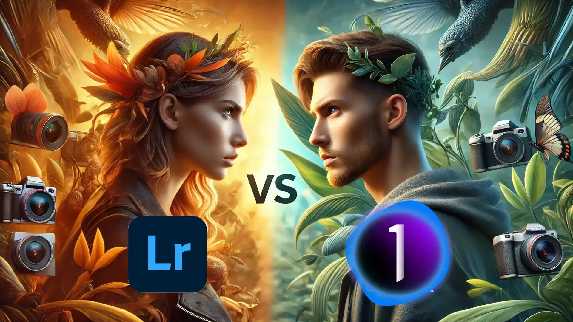 Digital artwork showing a face-off between Lightroom and Capture One, represented by two characters with contrasting colors and nature elements, alongside their respective logos.