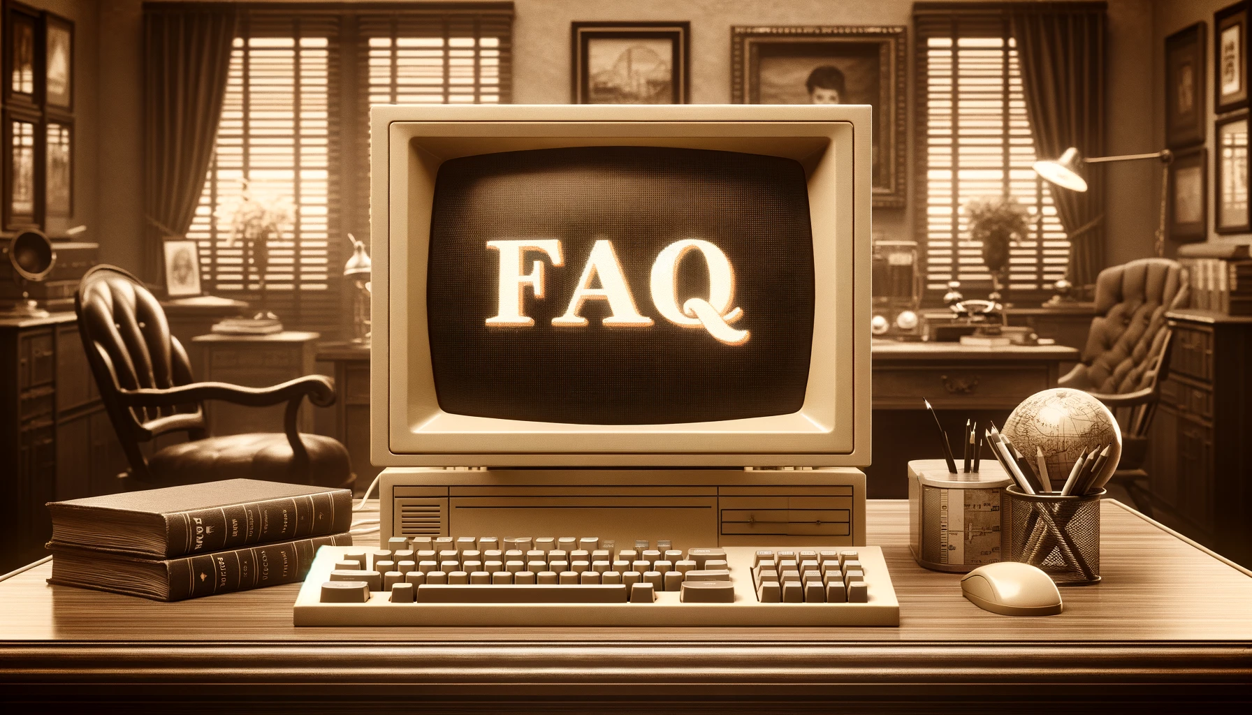 A image of a vintage desktop PC from the Westwood era, displaying the word "FAQ" in large letters on the screen. The setting includes an old-fashioned office with vintage furniture and decor.