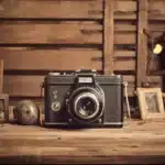 Vintage photo camera with an old photo tone effect, sitting on a wooden table in a rustic barn surrounded by antique framed pictures