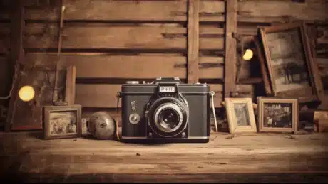 Vintage photo camera with an old photo tone effect, sitting on a wooden table in a rustic barn surrounded by antique framed pictures