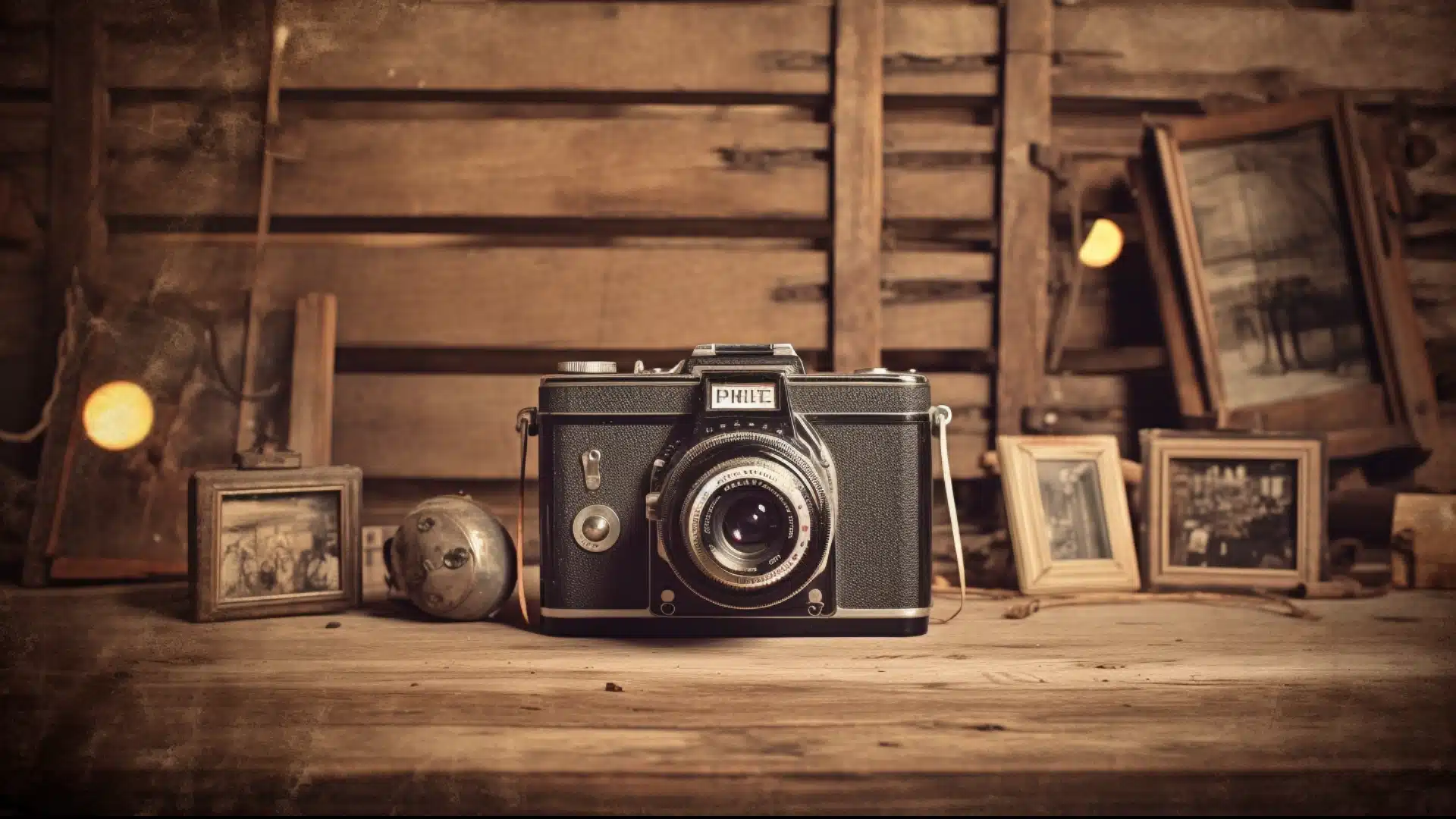 Vintage photo camera with an old photo tone effect, sitting on a wooden table in a rustic barn surrounded by antique framed pictures