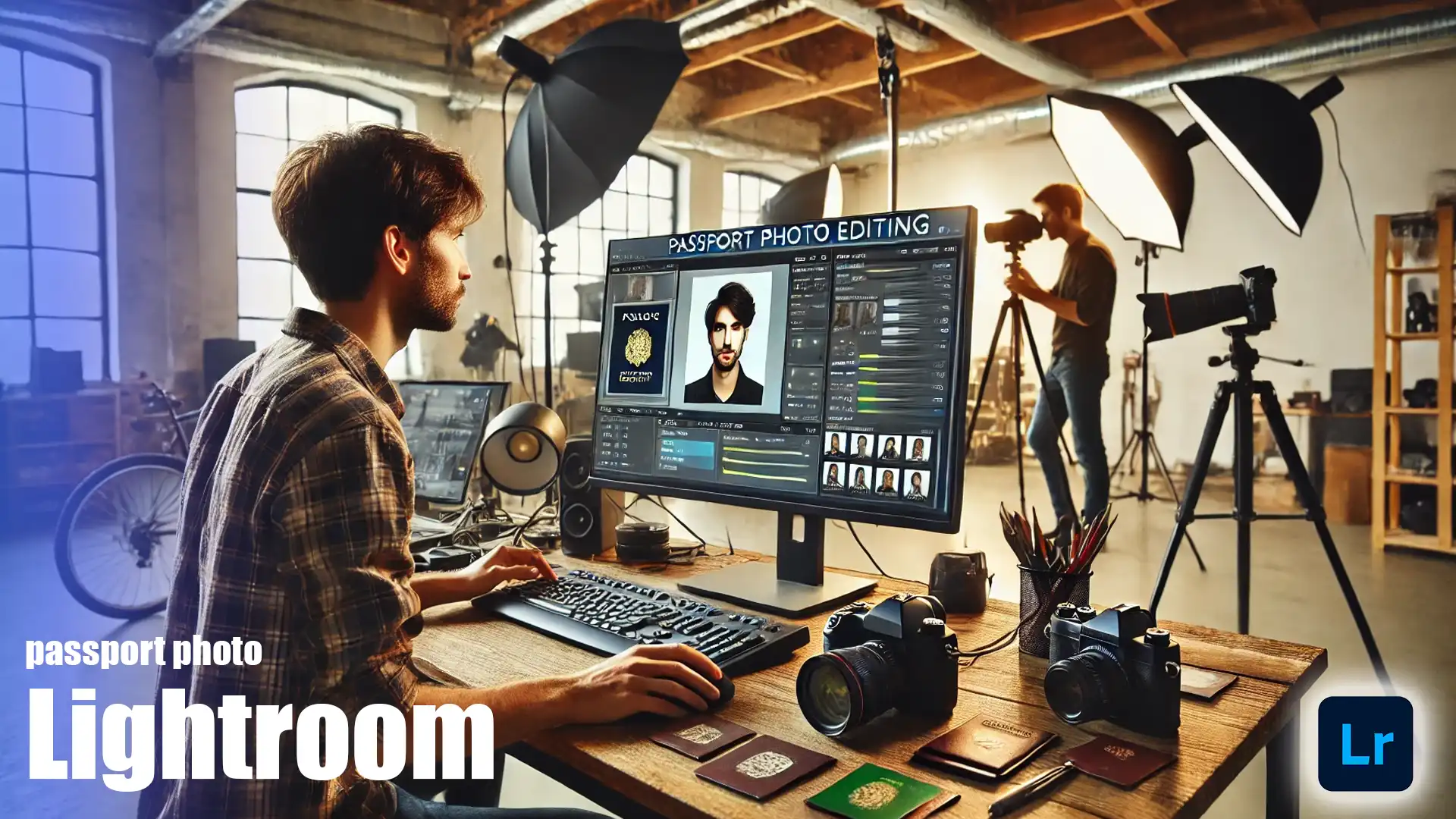 A photographer editing a passport photo in Adobe Lightroom on a desktop computer in a professional studio setting, with cameras and passport books on the desk.