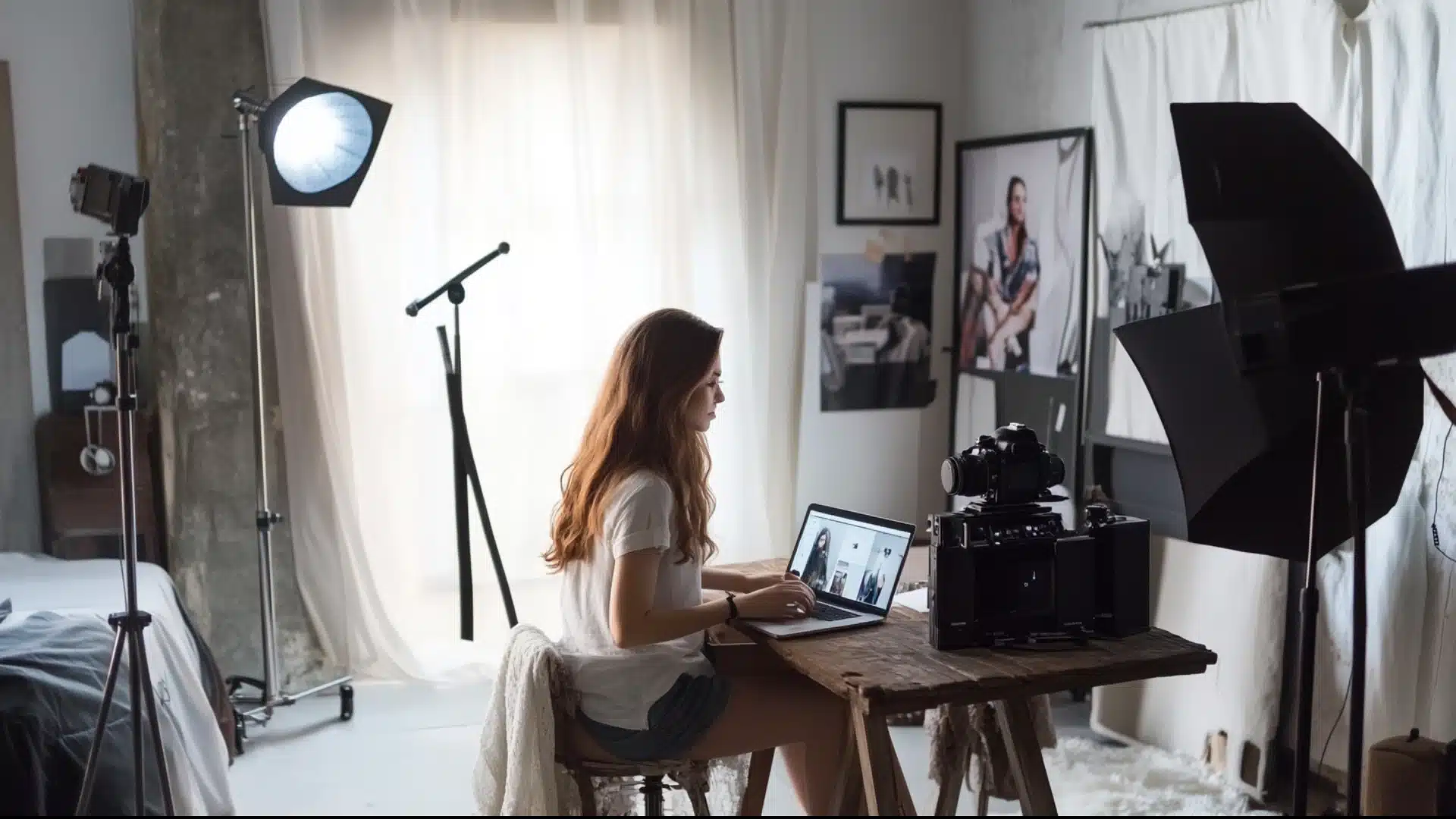 Young woman working on an online course in photography, editing images on a laptop in a well-lit home studio