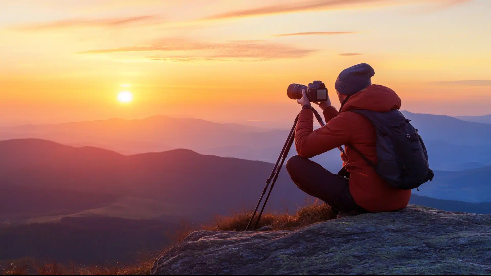 Photographer capturing a stunning sunset over mountain peaks, showcasing the beauty of sunset photography with a DSLR camera and tripod