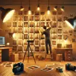 A cozy photography studio with a photographer humorously struggling to align photos on a wall. The photos seem to shift out of place on their own, as if the Photoshop align feature has come to life. The studio is filled with cameras, lights, and tripods, enhancing the photography theme.