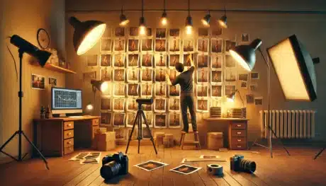 A cozy photography studio with a photographer humorously struggling to align photos on a wall. The photos seem to shift out of place on their own, as if the Photoshop align feature has come to life. The studio is filled with cameras, lights, and tripods, enhancing the photography theme.