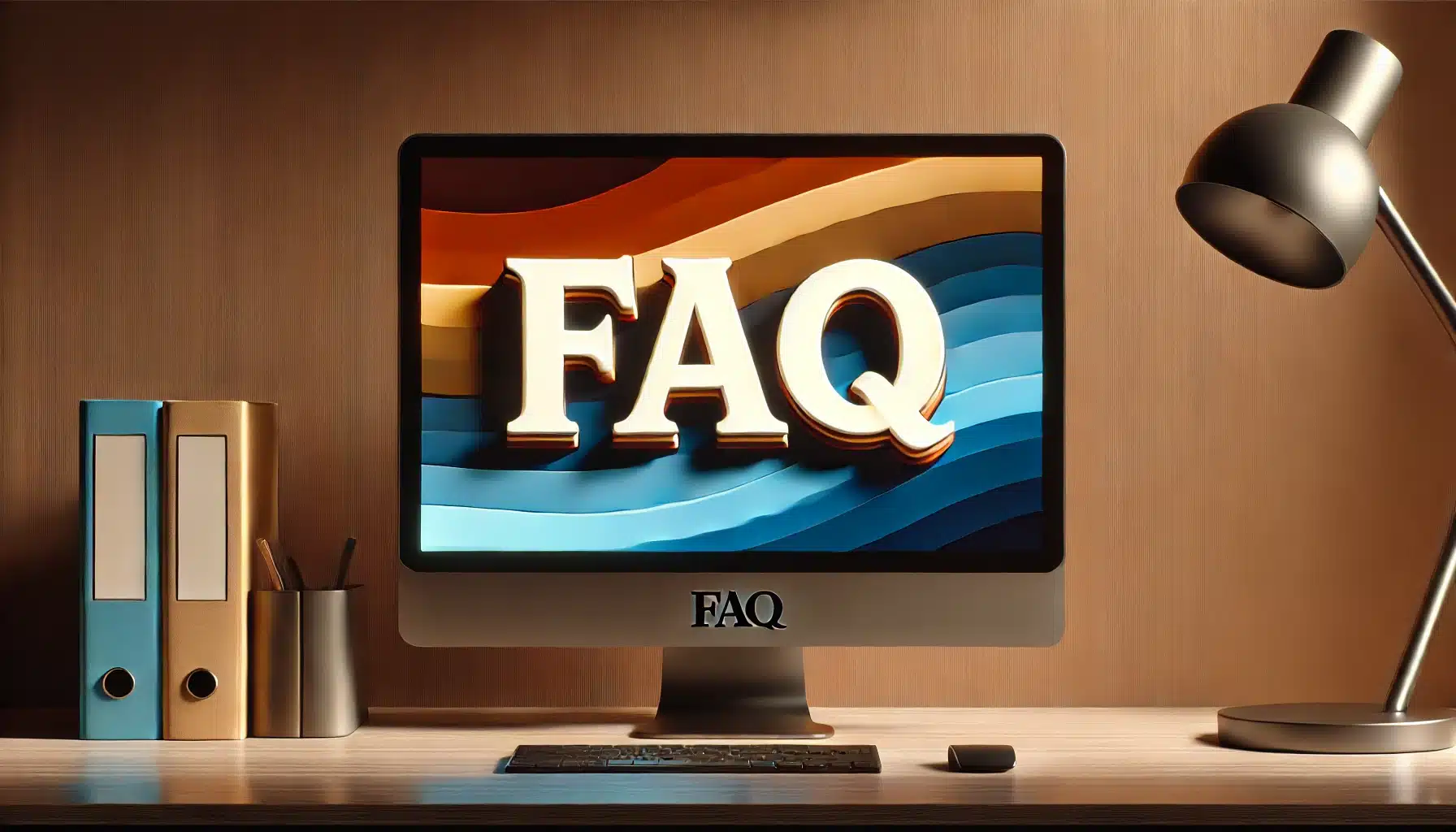 A desktop computer displaying the word 'FAQ' in large, bold letters on the screen, set against a background with a brown and blue color scheme.