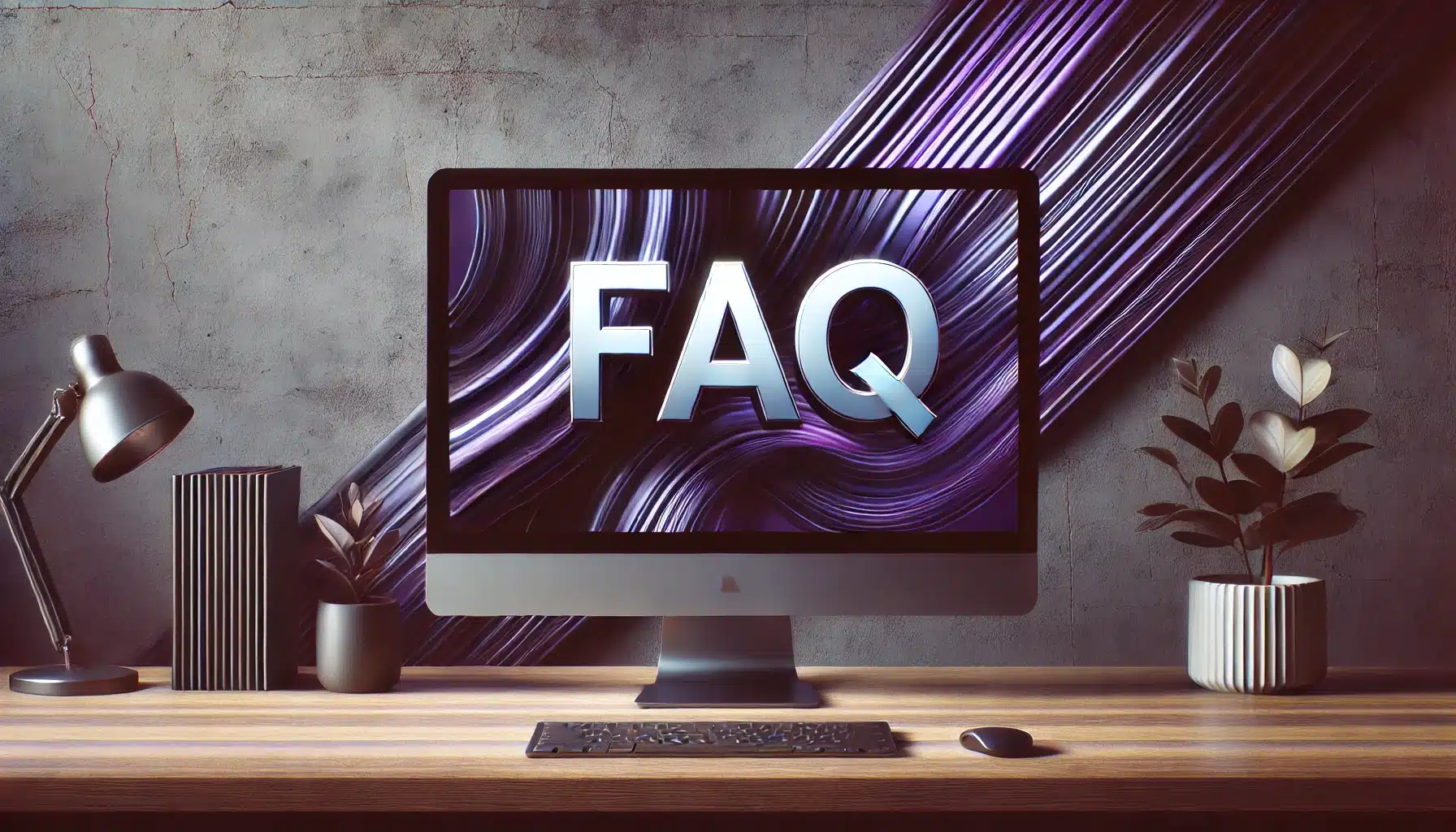 A modern computer setup with a PC monitor displaying the word "FAQ" in large, bold letters. The background features a sleek combination of gray and metallic purple colors.