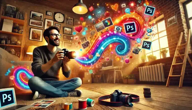 A smiling photographer in his cozy studio, surrounded by a gentle wave of creative ideas and Photoshop lessons, holding a camera in hand with soft, muted tones in the background