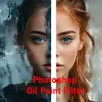 Side-by-side comparison of a portrait with and without the Photoshop oil paint filter, showcasing the transformation from a detailed image to a painterly effect.