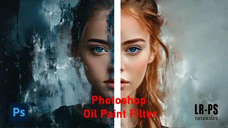 Side-by-side comparison of a portrait with and without the Photoshop oil paint filter, showcasing the transformation from a detailed image to a painterly effect.