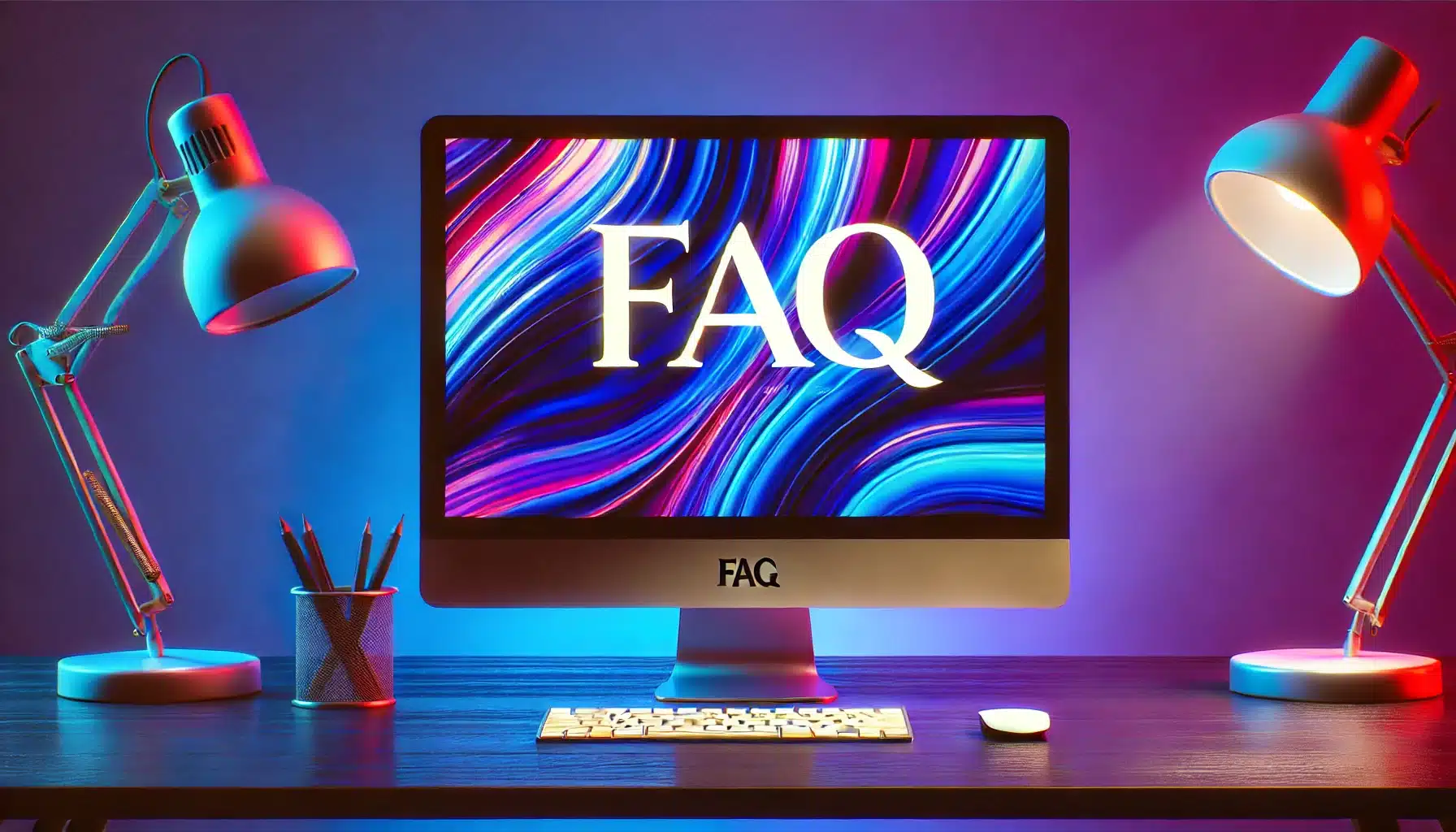 A desktop computer screen displaying the word 'FAQ' in large, bold letters, set against a vibrant royal blue and purple background.